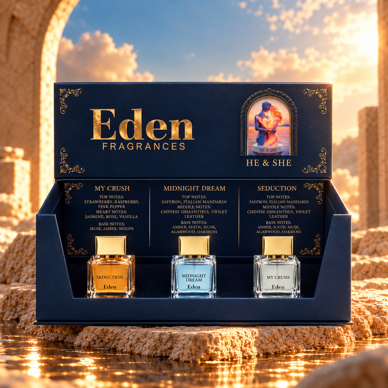 مجموعة عطور فاخرة عند الغروب